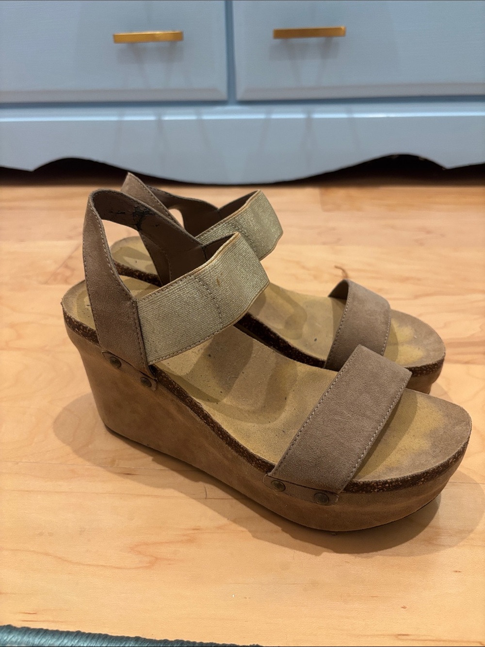 Women's Taupe Wedge Sandals with Elastic Ankle Strap